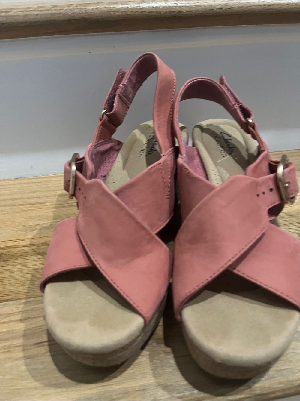 Clarks Coral Pink Crisscross Cork Wedge Sandals - Picture 5 of 6